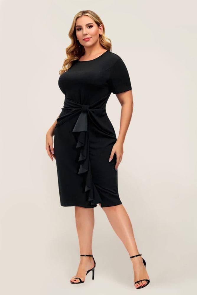 HN Women Plus Size Ruffle Decorated Bodycon Dress Short Sleeve Crew Neck - Hanna Nikole