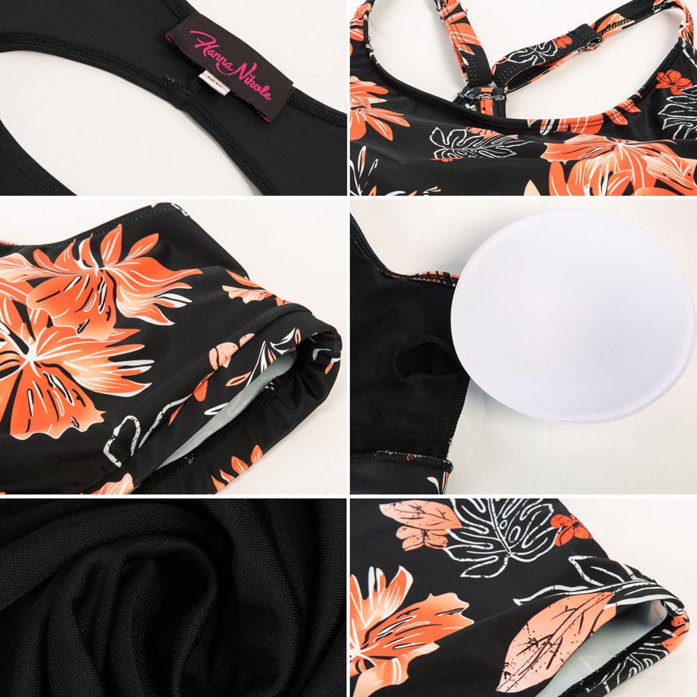 Black&Floral Hollowed-Out 3pcs Tankini Set - Hanna Nikole