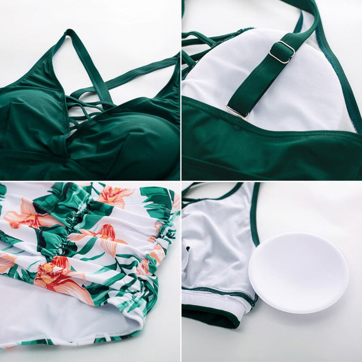 HN Women Plus Size 2pcs Set Swimsuit Cross Back Padded Tops+Ruched Briefs - Hanna Nikole