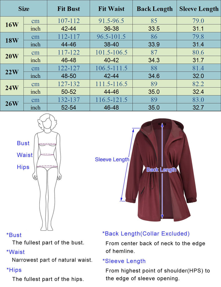 HN Women Plus Size Drawstring Waist Rain Coat Above Knee Hooded Rain Jacket - Hanna Nikole