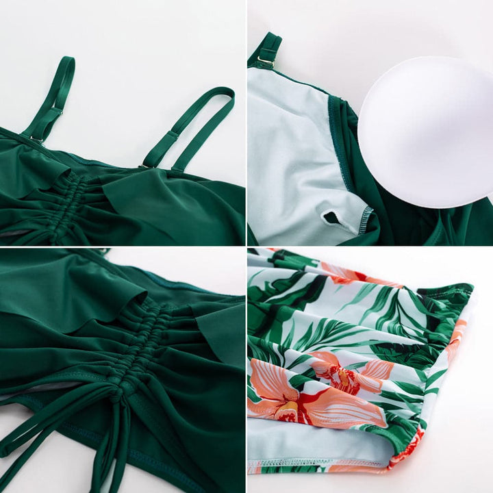 HN Women Plus Size 2pcs Set Swimsuit Padded Swim Tops+High Waist Ruched Briefs - Hanna Nikole#color_white-background-printing