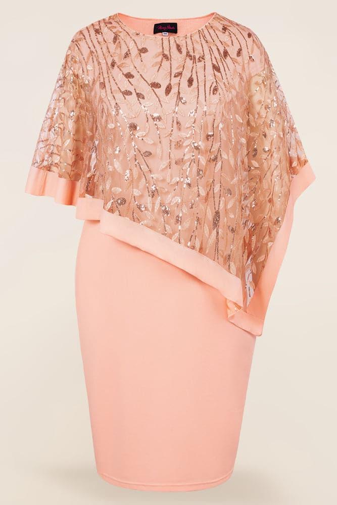 Apricot Sequined Capelet Decorated Scoop Neck Bodycon Dress - Hanna Nikole#color_rose-gold