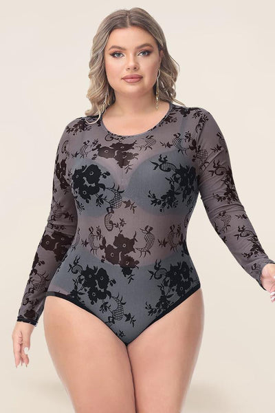 Sexy Long Sleeve Crew Neck Sheer Bodysuit See-Through Teddy