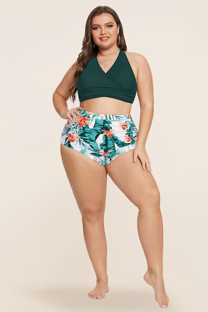 HN Women Plus Size 2pcs Set Swimsuit Cross Over Padded Tops+High Waist  Briefs