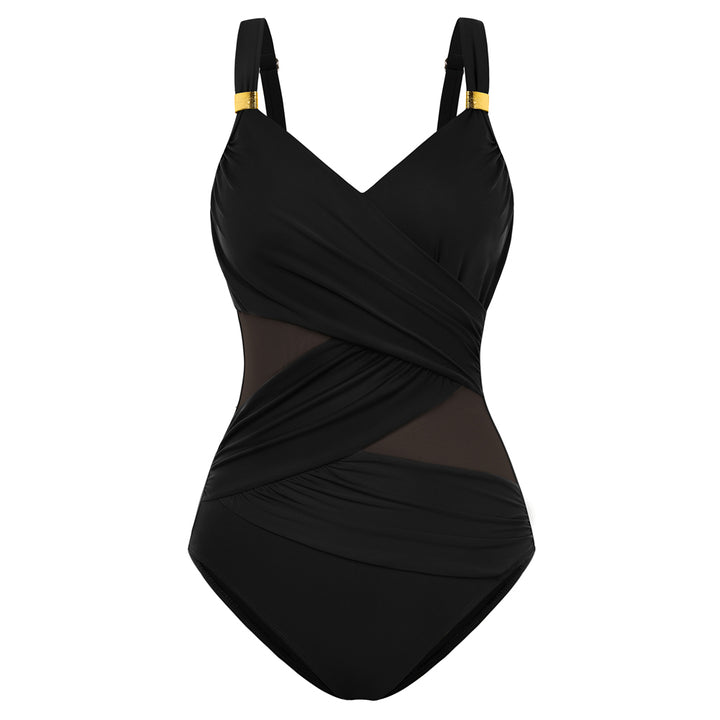 Hanna Nikole Women One Piece Swimsuit, Wrap Tummy Control Swim Bathing Suits, Modest Ruched V Neck Mesh Swimwear