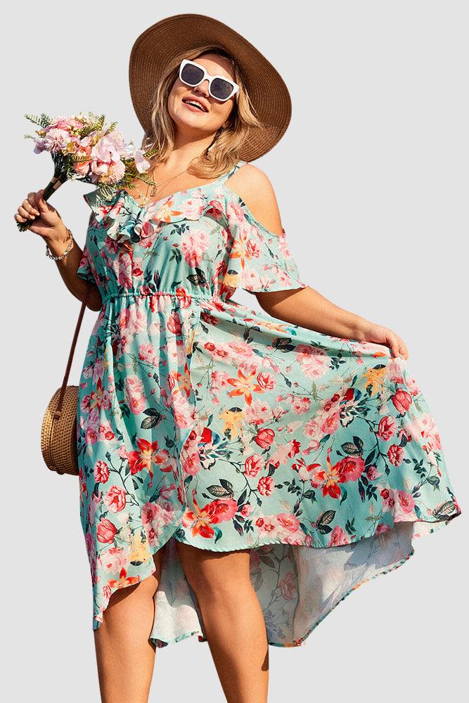 HN Women Plus Size Chiffon Dress Short Sleeve V-Neck Elastic