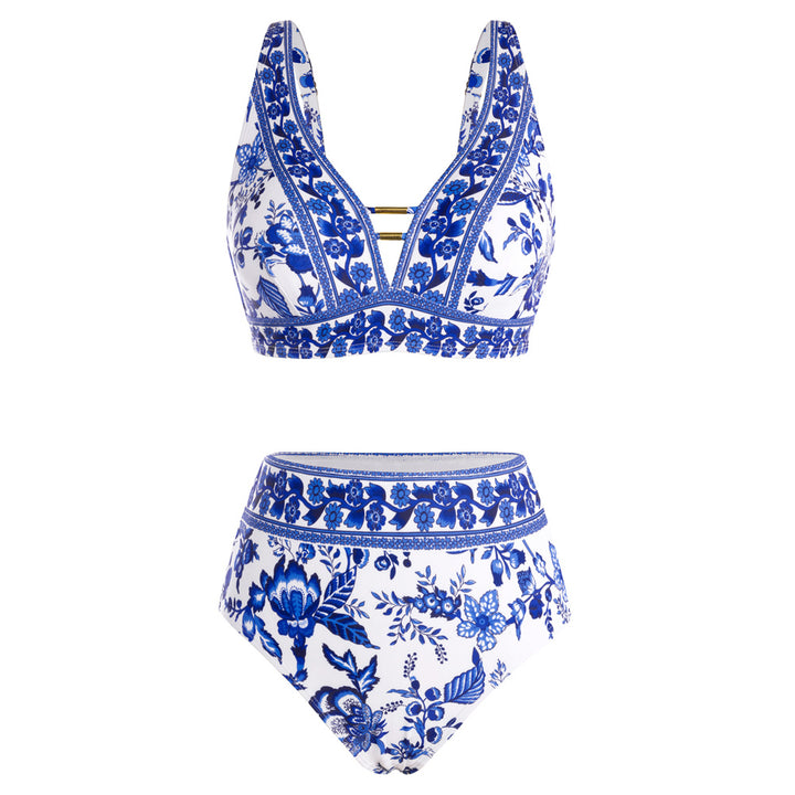 Hanna Nikole Womens High Waisted Bikini Sets Floral Print, 2 Piece Swimsuits Cutout, V Neck Bathing Suits Sexy Swimwear