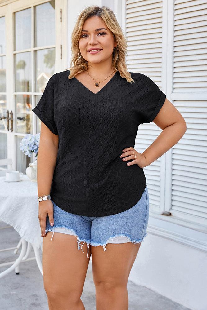 HN Women Plus Size Hollowed-out Tops Short Batwing Sleeve V-Neck Pullover Tops - Hanna Nikole