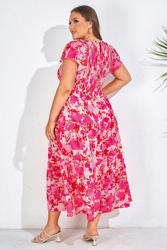 Plus Size Tiered Dress Short Sleeve Crew Neck A-Line Dress - Hanna Nikole#color_pink-map-leaves