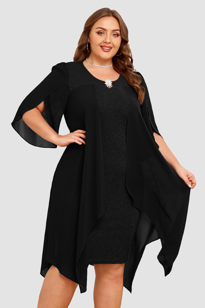 HN Women Plus Size Faux Twinset Dress 1/2 Petal Sleeve Crew Neck Bodycon DressHanna Nikole - Hanna Nikole#color_black