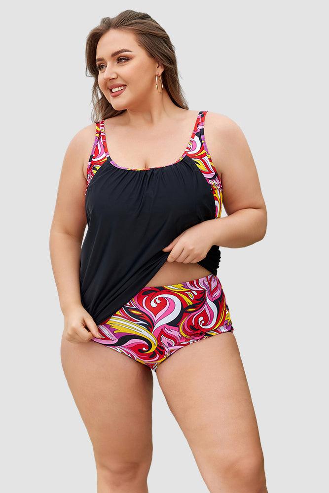 HN Women Plus Size Swimsuit Faux Twinset Padded Swim Tops+High Waist Briefs - Hanna Nikole