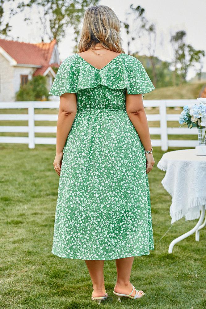HN Women Plus Size Elastic Waist Dress V-Neck Front Slit Flared A-Line Dress - Hanna Nikole#color_green-white-floral