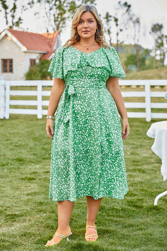 HN Women Plus Size Elastic Waist Dress V-Neck Front Slit Flared A-Line Dress - Hanna Nikole#color_green-white-floral