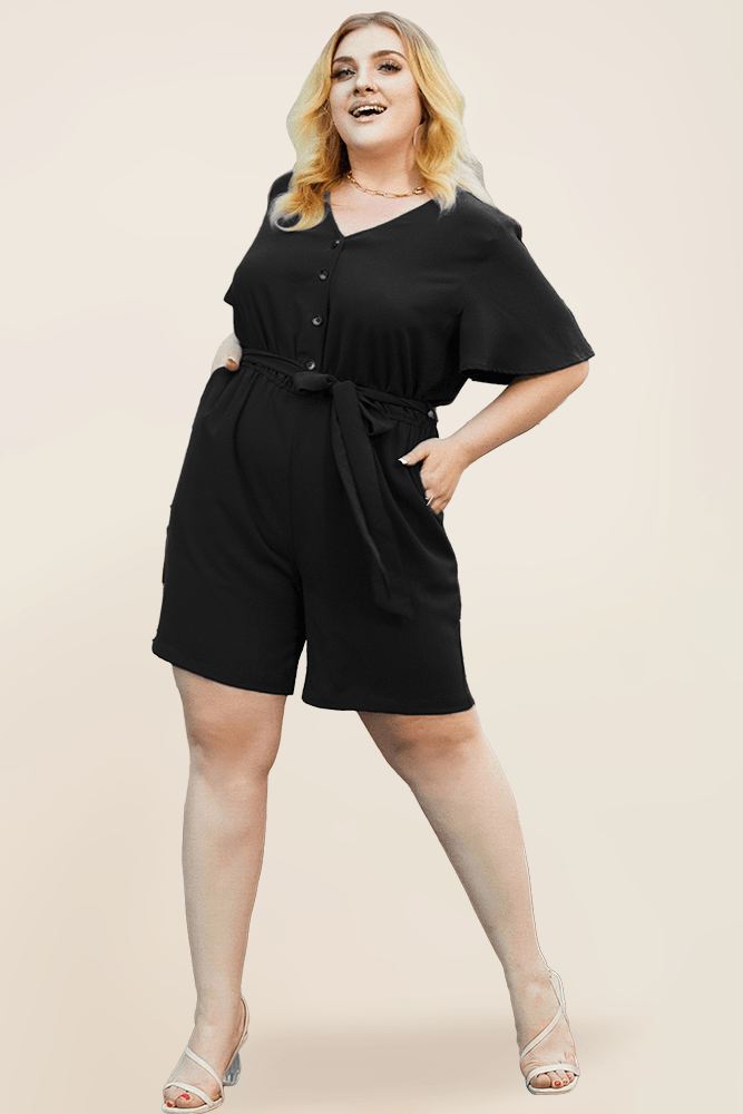 HN Women Plus Size Romper Short Sleeve V Neck Elastic Waist