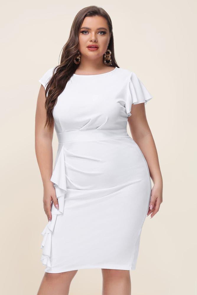 HN Women Plus Size Ruffles Decorated Dress Crew Neck Defined Waist Bodycon Dress - Hanna Nikole