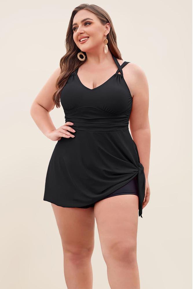 HN Women Plus Size 2pcs Set Irregular Hem Padded Dress+Briefs Swimwear - Hanna Nikole#color_black