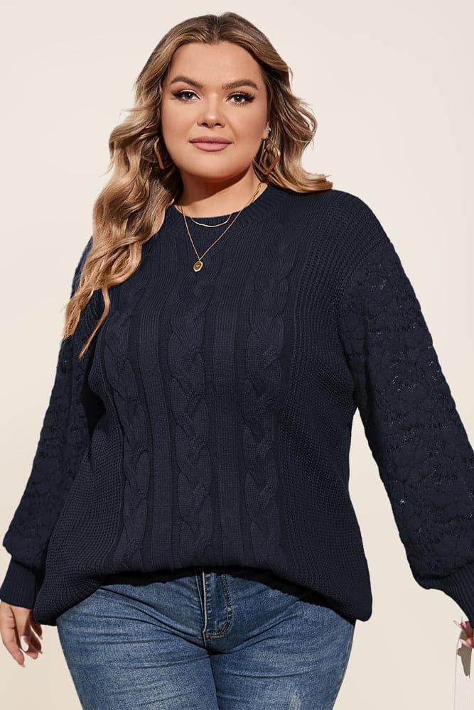 HN Women Plus Size Lace Patchwork Sweater Cable Pattern Long Sleeve Pullover - Hanna Nikole
