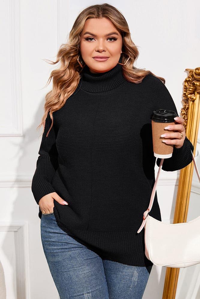 HN Women Plus Size Turtleneck Sweater Dropped Shoulder Side Slit Pullover - Hanna Nikole