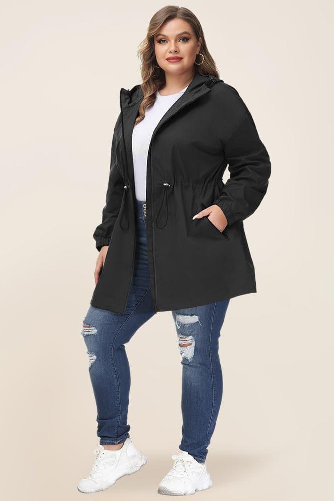 HN Women Plus Size Drawstring Waist Rain Coat Above Knee Hooded Rain Jacket - Hanna Nikole
