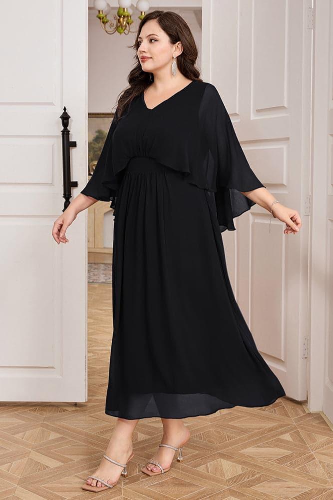 HN Chiffon Party Cape Sleeve V-Neck Defined Waist Dress - Hanna Nikole#color_black