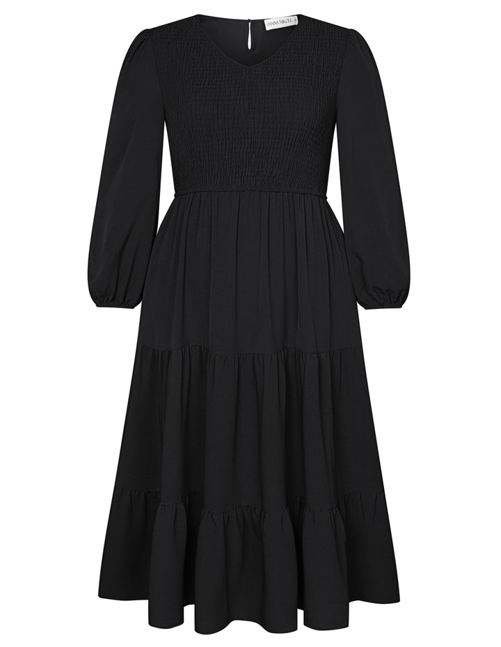 HN Women Plus Size Elastic Waist Dress Long Sleeve V-Neck Tiered A-Line Dress