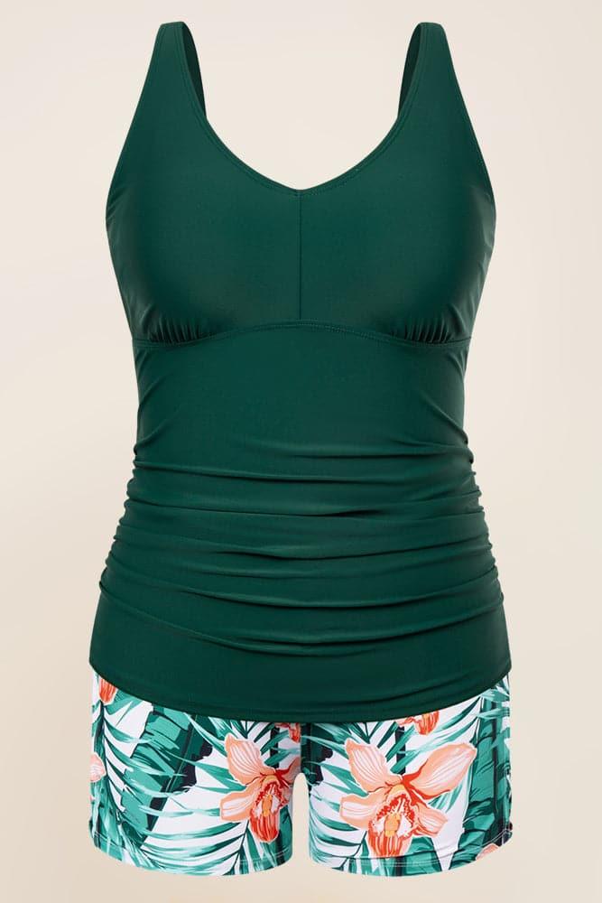 HN Women Plus Size 2pcs Set Padded Tops+High Waist Briefs Tankini - Hanna Nikole#color_green