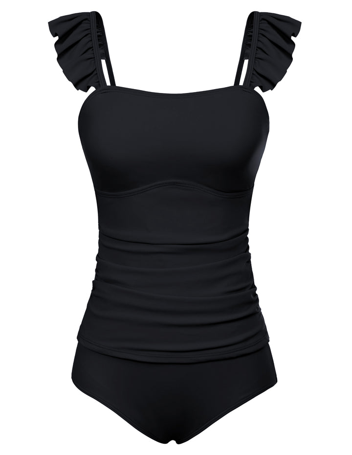 【S-XL】Two Piece Tankini Swimsuits for Women High Waisted Tummy Control Floral Swimwear Ruched Padded Bathing Suits