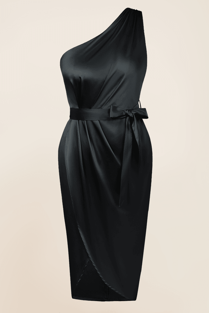 HN Wrap Hem Party One-Shoulder Oblique Neck Bodycon Dress - Hanna Nikole#color_black
