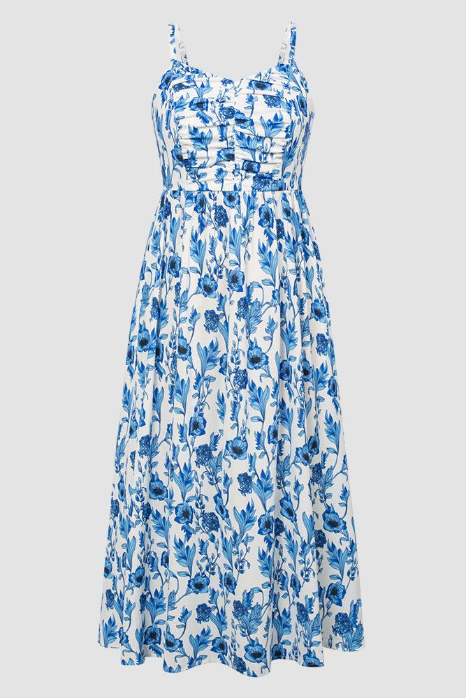 HN Women Plus Size V-Neck Maxi Dress Spaghetti Straps Ruched A-Line Dress - #color_blue-flower