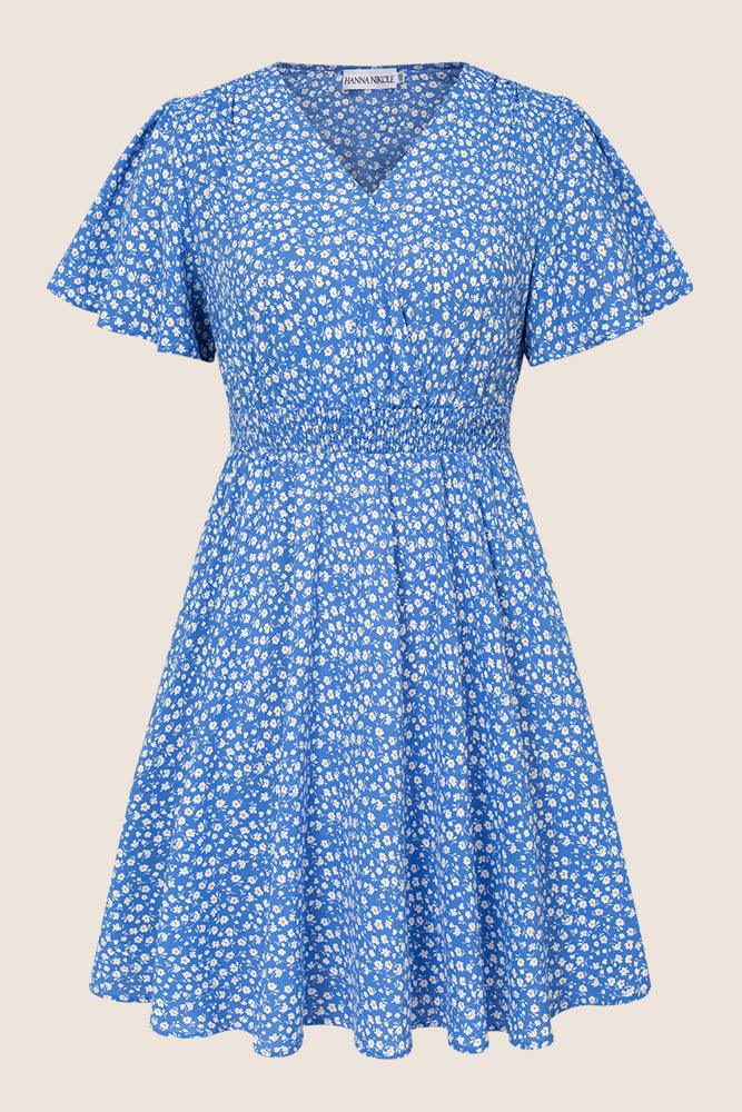 HN Women Plus Size Surplice V-Neck Dress Short Flounce Sleeve A-Line Dress - Hanna Nikole#color_blue