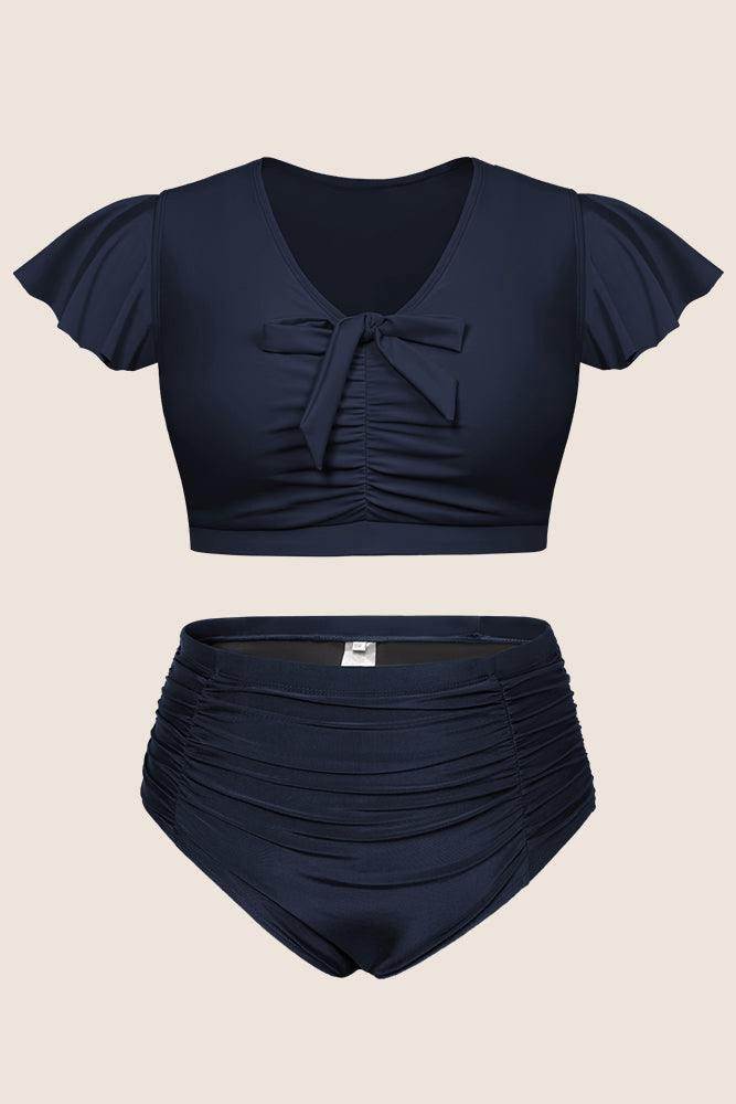 HN Women Plus Size 2pcs Swimsuit V-Neck Padded Swim Tops+High Waist Briefs - Hanna Nikole#color_navy-blue