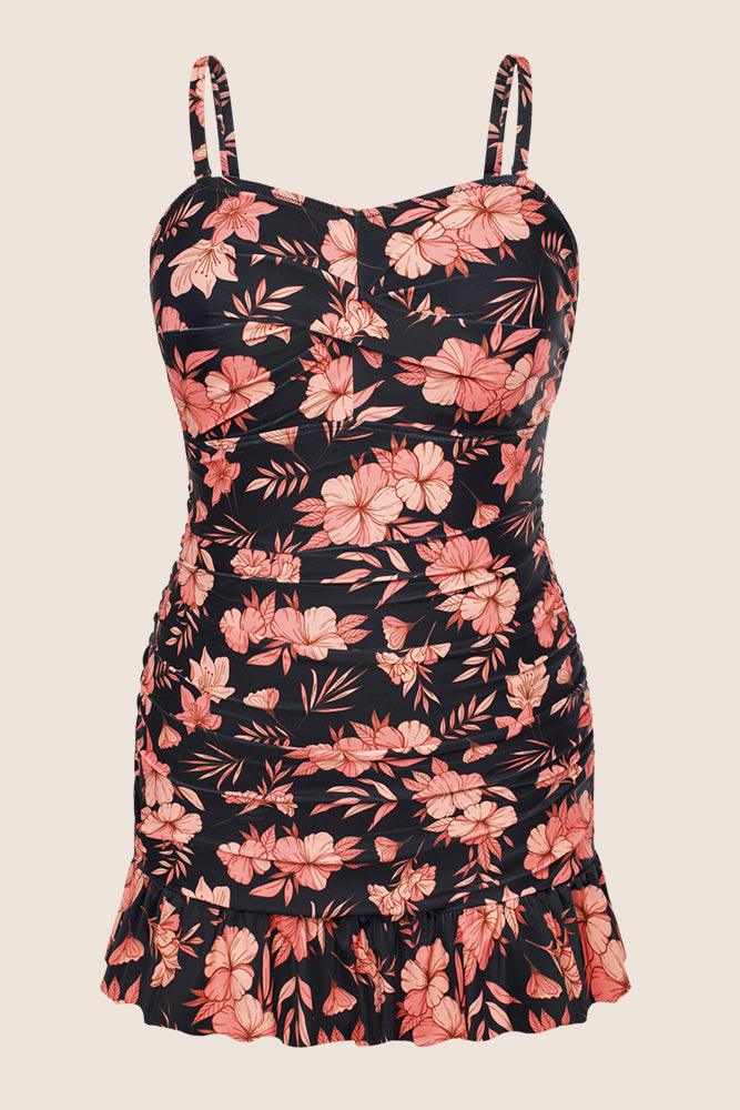 HN Women Plus Size 2pcs Set Swimsuit Ruffled Hem Padded Swim Dress+Briefs - Hanna Nikole#color_pink-flower