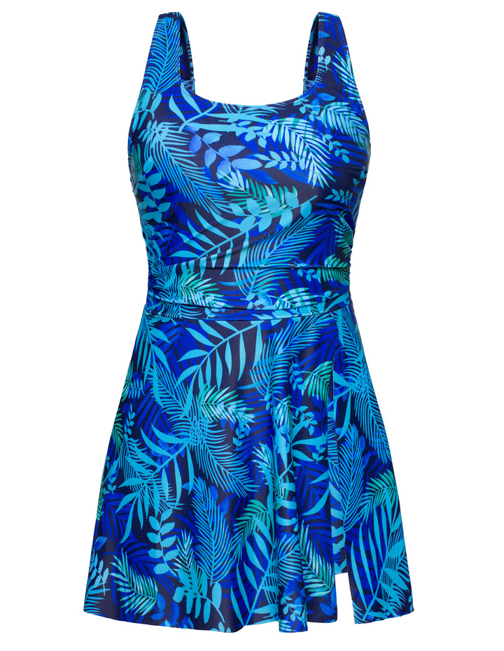 KK Women 2pcs Set Swimsuit Front Slit Padded Swim Dress+High Waist Briefs