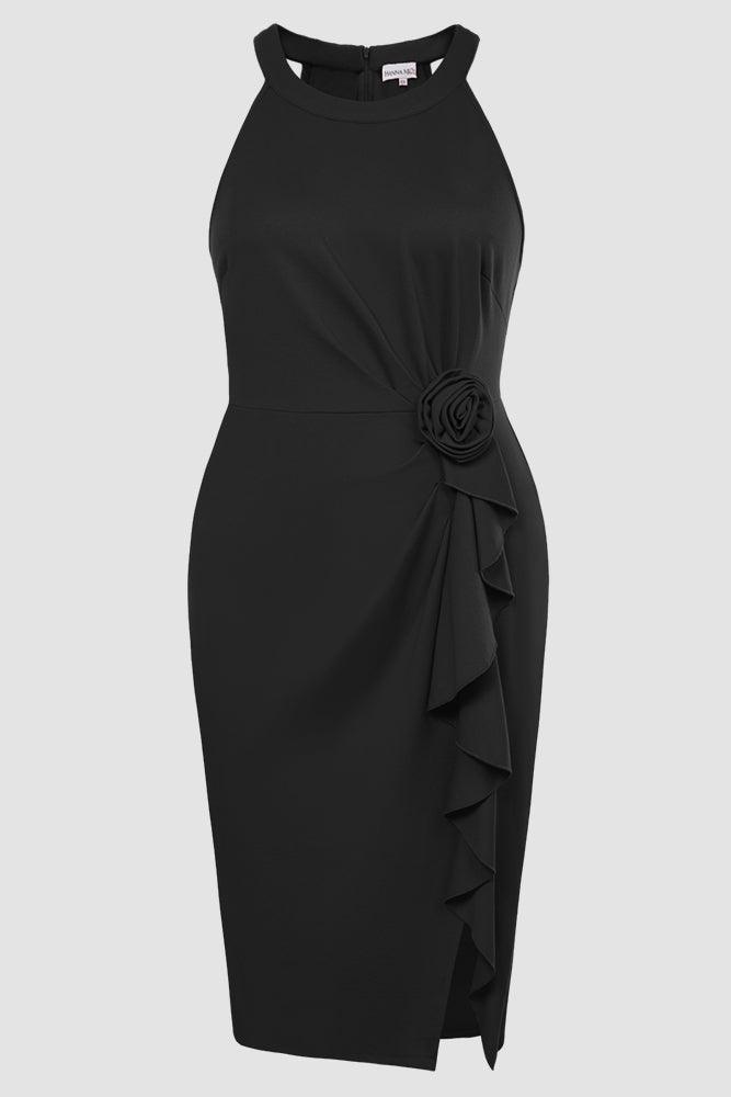 HN Women Plus Size Ruched Part Dress 3D Flower Decorated Halterneck Dress - Hanna Nikole