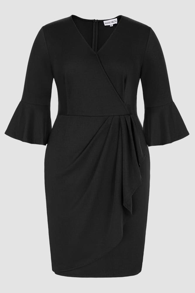 HN Overlay Decorated 3/4 Sleeve V-Neck Straight Dress - Hanna Nikole#color_black