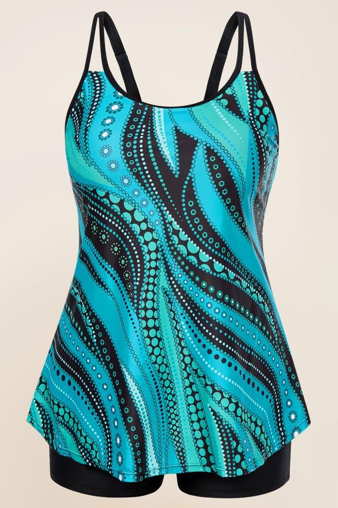 HN Women Plus Size 2pcs Set Swimsuit Tankini A-Line Padded Tops+Briefs Swimwear - Hanna Nikole#color_blue-ripples