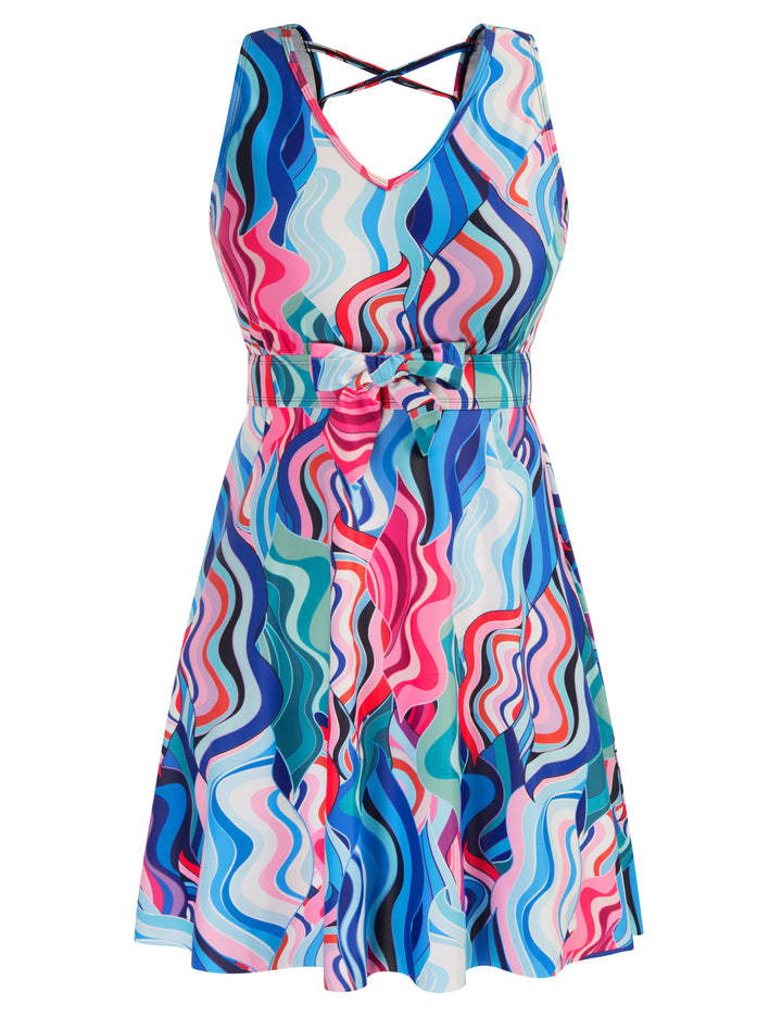 KK Women Separated Swimsuit Sleeveless V-Neck Swim Dress+Briefs Swimwear