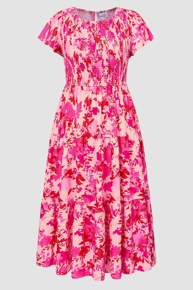 Plus Size Tiered Dress Short Sleeve Crew Neck A-Line Dress - Hanna Nikole#color_pink-map-leaves