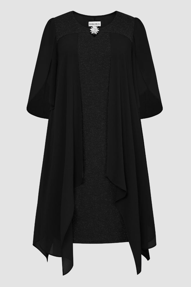 HN Women Plus Size Faux Twinset Dress 1/2 Petal Sleeve Crew Neck Bodycon DressHanna Nikole - Hanna Nikole#color_black