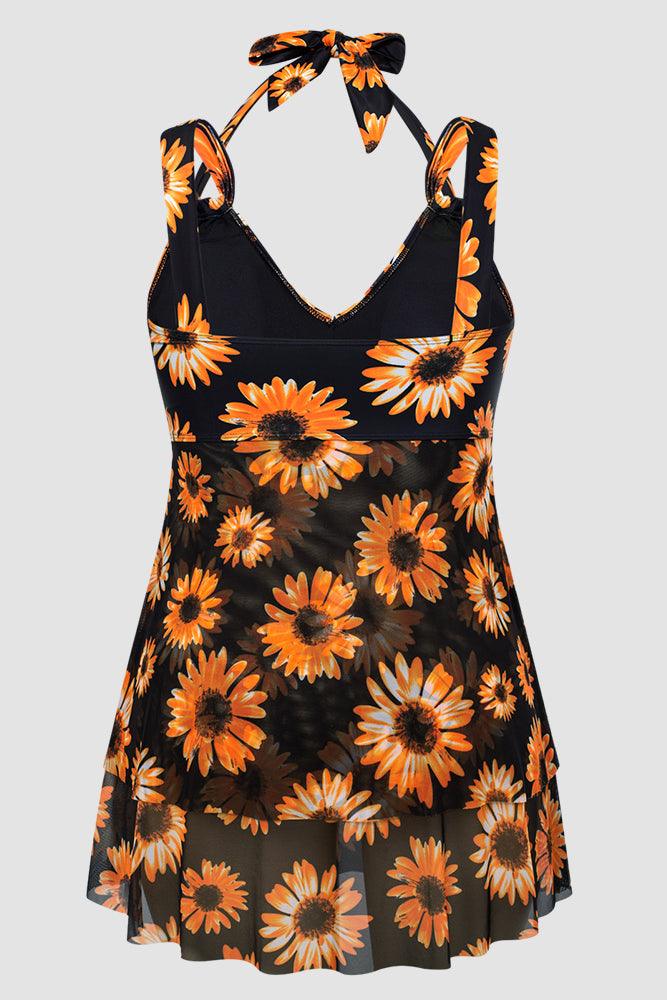 HN Women Plus Size 2pcs Set Swimsuit V-Neck Padded Swim Dress+Briefs Swimwear - Hanna Nikole#color_sunflower