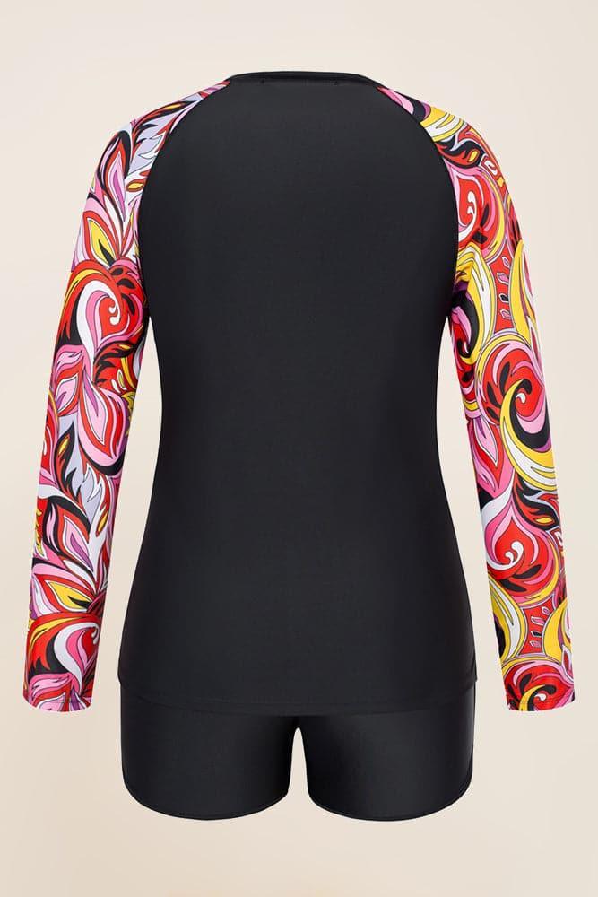 HN Women Plus Size Contrast Color Swimsuit Long Sleeve Tops+High Waist Briefs - Hanna Nikole