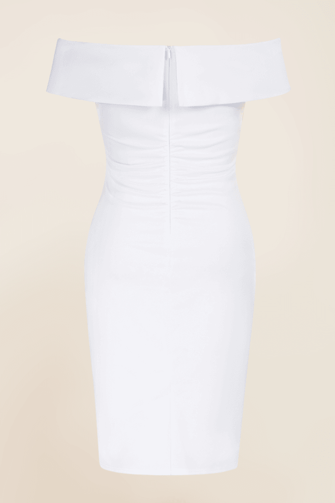 HN Off Shoulder Back Slit Ruched Hips-wrapped Party White Dress - Hanna Nikole
