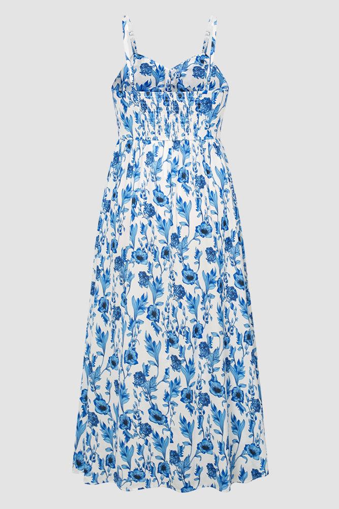 HN Women Plus Size V-Neck Maxi Dress Spaghetti Straps Ruched A-Line Dress - #color_blue-flower