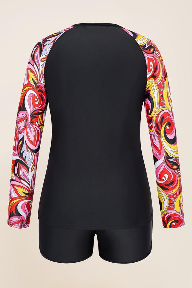 HN Women Plus Size Contrast Color Swimsuit Long Sleeve Tops+High Waist Briefs - Hanna Nikole#color_red-ripple