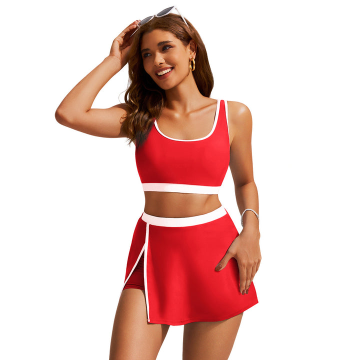 HN Women 2pcs Set Swimsuit U-Neck Padded Swim Tops+Elastic Waist Skirt Swimwear