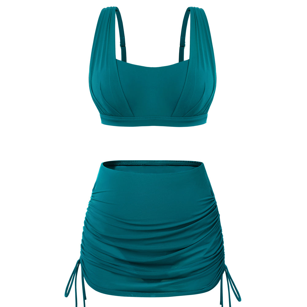 Hanna Nikole Womens High Waisted Swim Skirt, Tummy Control Mesh Bikini Sets, 2 Piece Swimsuit Drawstring Bathing Suits