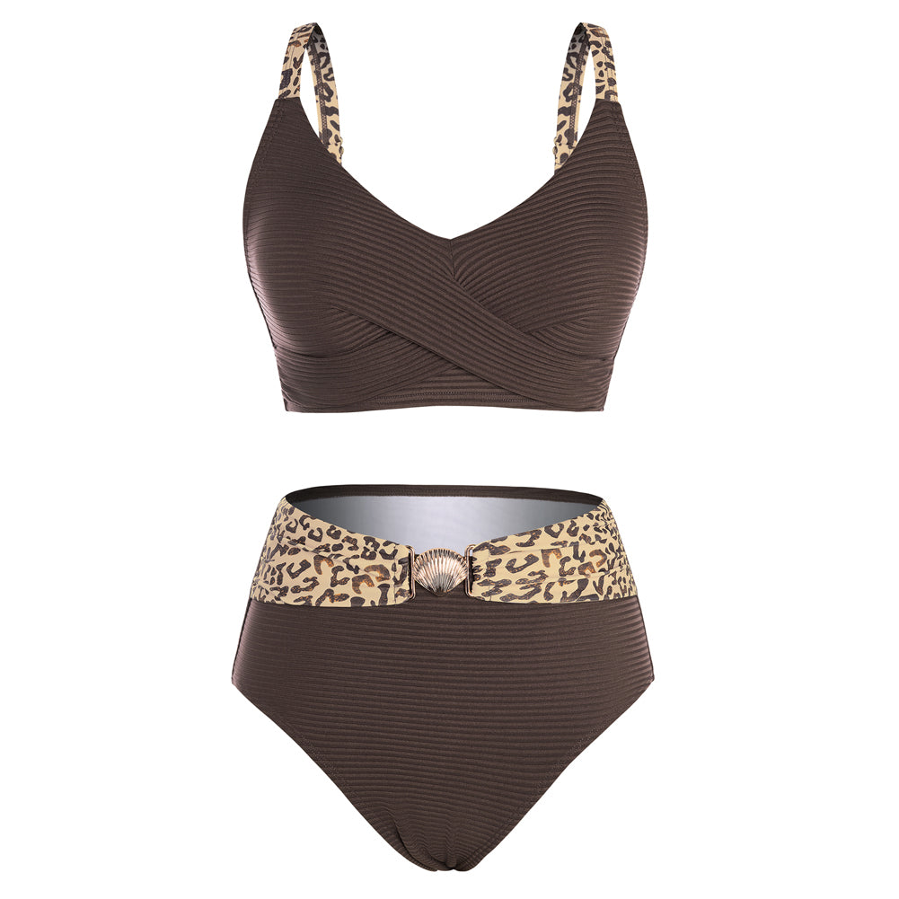 Hanna Nikole Womens High Waisted Bikini Sets, Textured Tummy Control Swimsuit, 2 Piece Twist Color Block Bathing Suits