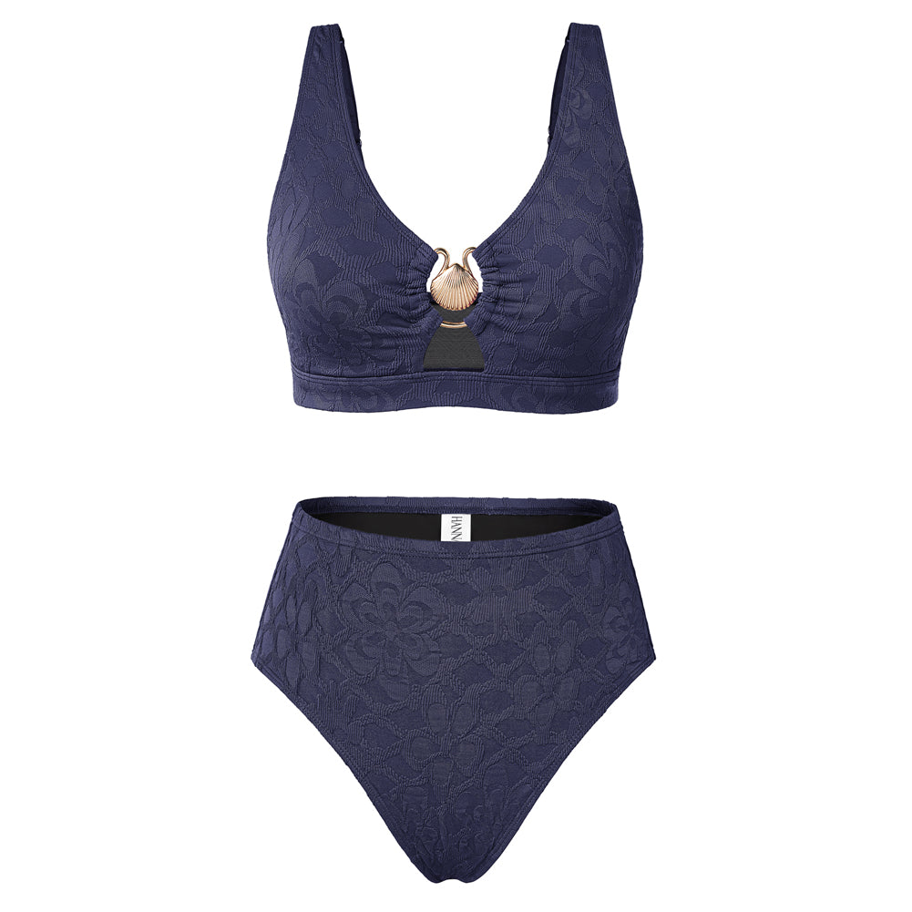 Hanna Nikole Women High Waisted Bikini Sets, 2 Piece Swimsuits Tummy Control, Textured Bathing Suit, Metal Cutout Swimwear
