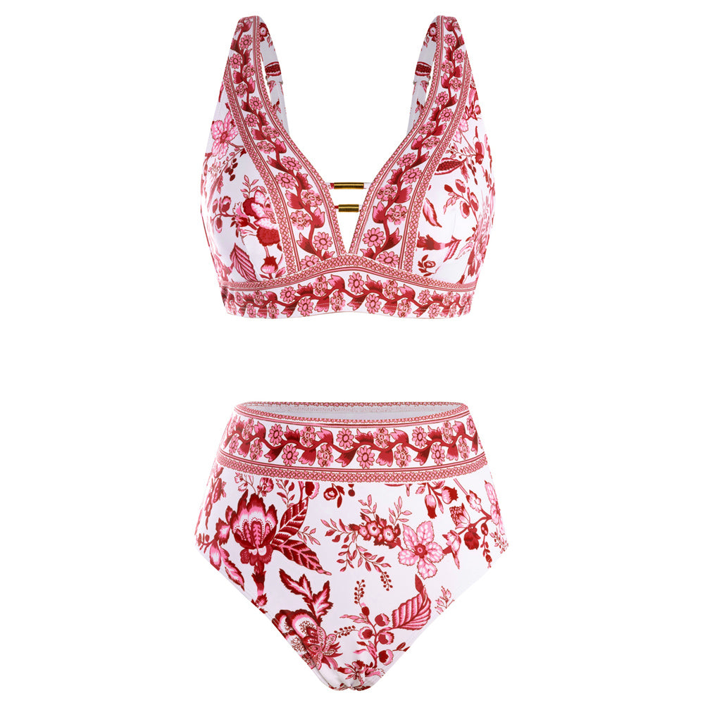 Hanna Nikole Womens High Waisted Bikini Sets Floral Print, 2 Piece Swimsuits Cutout, V Neck Bathing Suits Sexy Swimwear