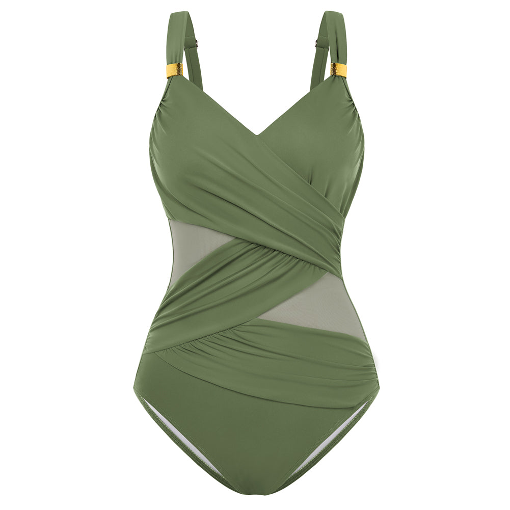 Hanna Nikole Women One Piece Swimsuit, Wrap Tummy Control Swim Bathing Suits, Modest Ruched V Neck Mesh Swimwear